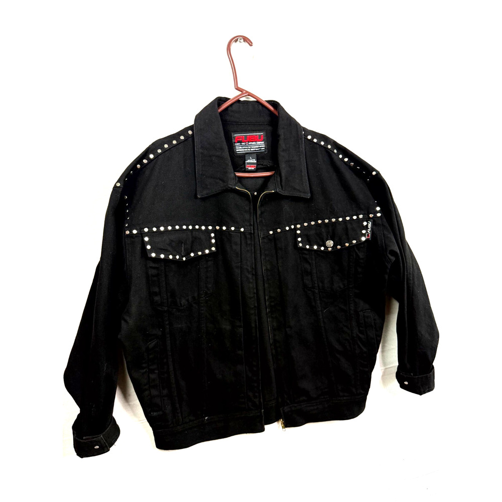 Vintage FuBu Jacket Men Large Black Cotton Denim Silver Stud Rivets Long Sleeve